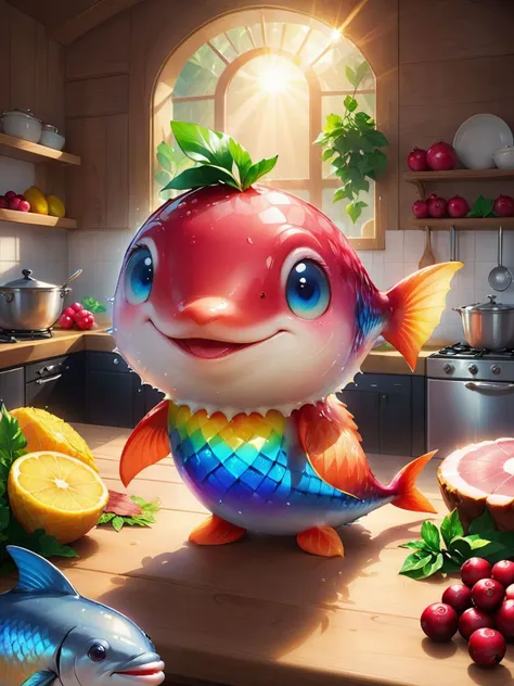 kitchen, dolphin cranberry, cream foodpets, fish, ham, ivy<lora:add-detail-xl:0.7>piercing gradient_background, 8k,highly detailed,digital photography,rainbow, sun rays masterpiece,sidelighting, finely detailed beautiful sparkling light eyes,hdr,realistic,...