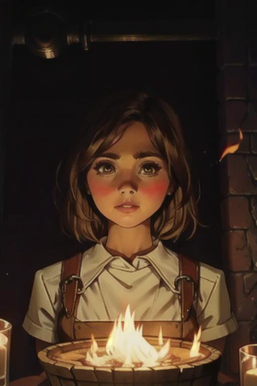 a girl sitting in front of a fire with candles