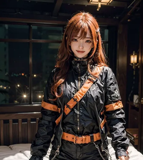 1girl (30yo) smiling, japanese, dim, dark, night, dark background, (inside bedroom), super long orange hair,
(nsfw)
techwear jacket, with buckle and tape, see through, choker, straps, black and orange,
 <lora:urbansamurai_v0.3:0.4> 
<lora:Cute Asian Face:0...