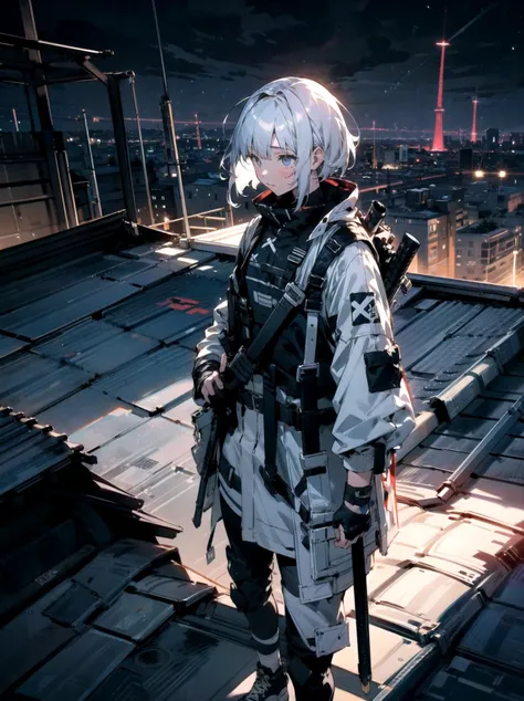 ((masterpiece, best quality)),8k,1girl,short white hair, cityscape, techwear jacket,tactical vest,with buckle and tape,night, stary sky, (rooftop:1.2),add_detail,nijijourneyv5,