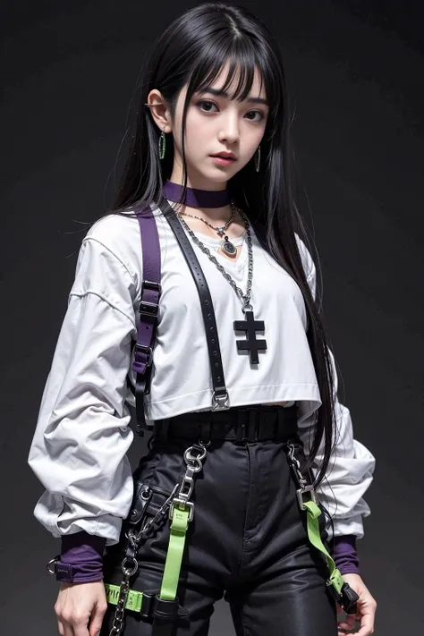 (original: 1.2), (far shot), (realistic: 1.3), masterpiece, best quality, beautiful clean face, full body, 1girl, wearing ((purple and green)) jacket and trousers with buckle and tapes, robotic legs, (cross necklace), neon lights, purple and green clothes,...