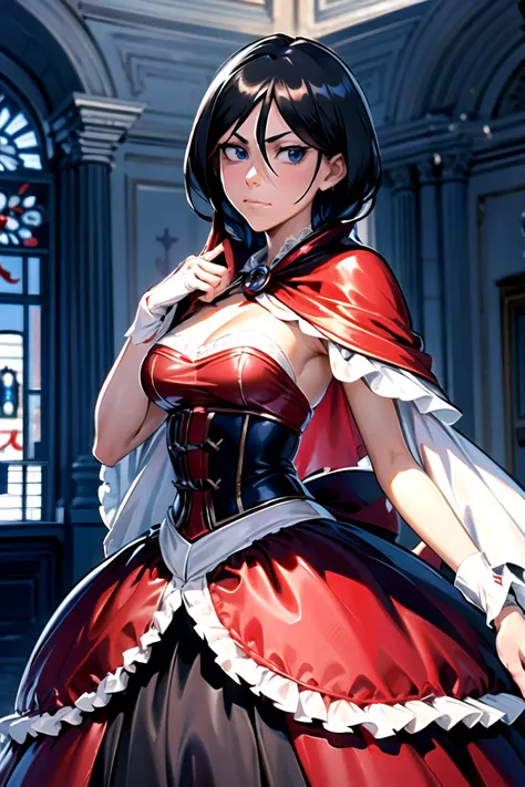 <lora:HerrscherAGGA2023_Rukia_V1:0.9>, kuchiki rukia, blue eyes, black hair, hair between eyes, <lora:LRGown:0.9>,   ballgown, RHG, a woman in a red cape, wearing RHG, wearing a ballgown, (closed mouth:1.4),, (masterpiece, high quality, best quality:1.3), ...