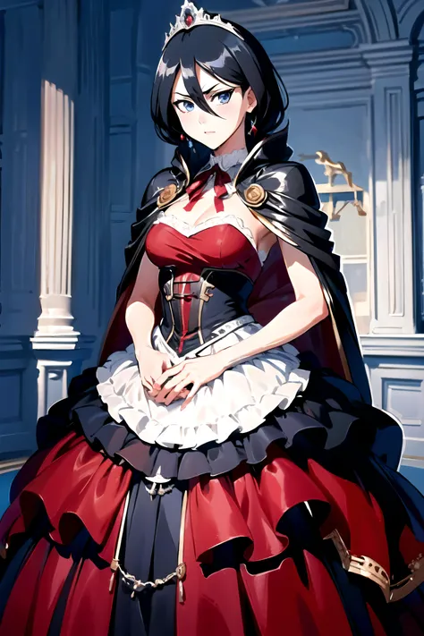 <lora:HerrscherAGGA2023_Rukia_V1:0.9>, kuchiki rukia, blue eyes, black hair, hair between eyes, <lora:LRGown:0.9>,   ballgown, RHG, a woman in a red cape, wearing RHG, wearing a ballgown,, (masterpiece, high quality, best quality:1.3), Detailed