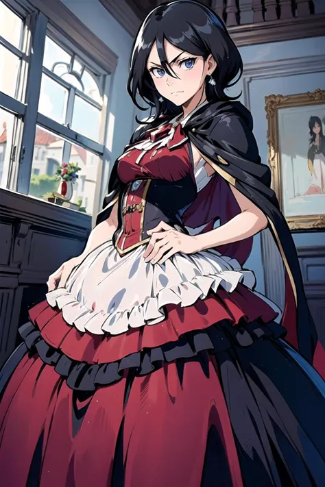 anime girl in a red dress with a cape and a black cape