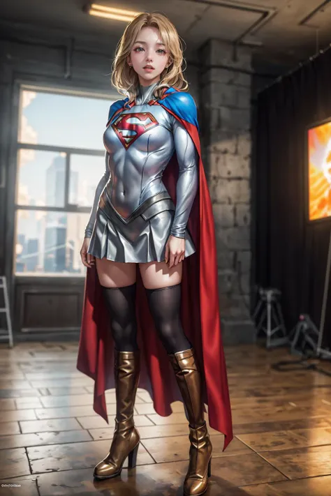 highres,absurdres,masterpiece,best quality,original,extremely detailed CG,extremely detailed wallpaper,perfect lighting,looking at viewer,bare hands,standing on stage,1girl,blurry background,
 <lora:Supergirl:0.7> Supergirl,bodysuit with skirt,cape,