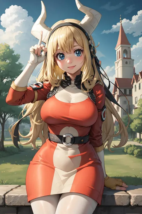 Tsunotori, 1girl, solo, long hair, blonde hair, horns, blue eyes, large breasts, looking at viewer, smile, bangs, closed mouth, belt, breasts, dress, gloves, fingerless gloves, hairband, cowboy shot, standing, sitting, sitting in, girl sitting, shirt, clea...