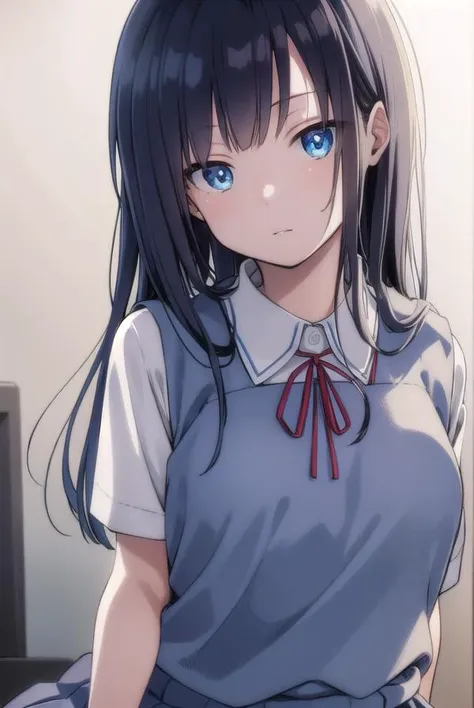 musumesan, <lora:musumesan-lora-nochekaiser:1>,
musume san, long hair, bangs, blue hair, blue eyes,
BREAK skirt, shirt, ribbon, school uniform, short sleeves, pleated skirt, vest, neck ribbon, sweater vest,
BREAK indoors,
BREAK looking at viewer, (cowboy s...