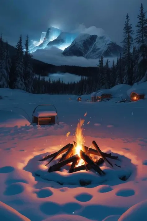 a close up of a fire in the snow near a mountain