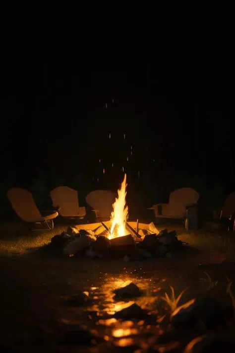 a fire pit with chairs and a fire in the dark