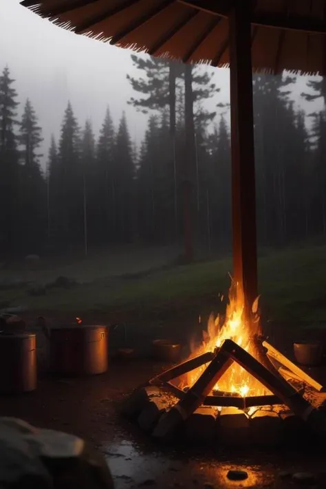 there is a fire pit with a umbrella over it in the dark