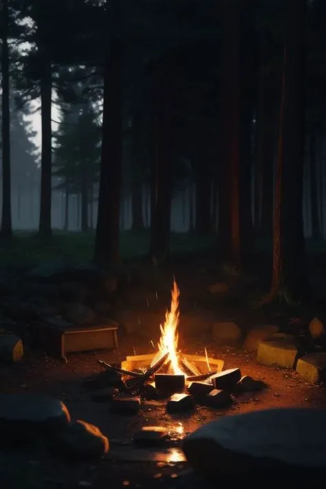 a close up of a campfire in a forest with a bench