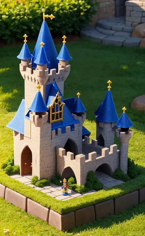 A fantasy castle playset with miniature (knights, wizards and nobility) & (toy stone castle tower with moat) & other fantasy toys, (arranged in a realistic depiction of a a royal coronation, king being crowned), within a backyard sandbox, background of a f...