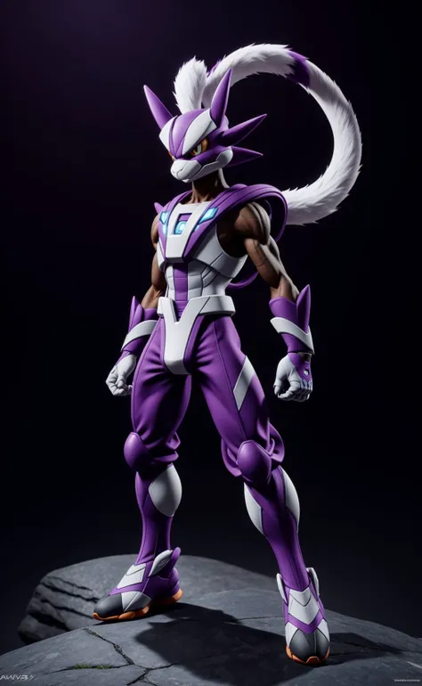 a Pokemon character in a purple outfit, standing on a rock, an ambient occlusion render by Akira Toriyama, trending on deviantart, furry art, mewtwo, ocatne render, ultra render