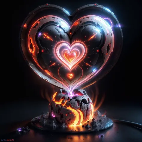 a heart shaped object with a glowing fire inside of it