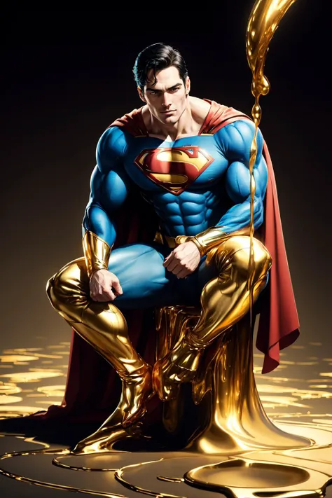 a man in a superman costume sitting on a gold statue