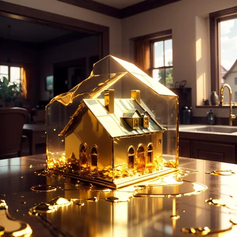 there is a gold house on a table with a lot of gold around it