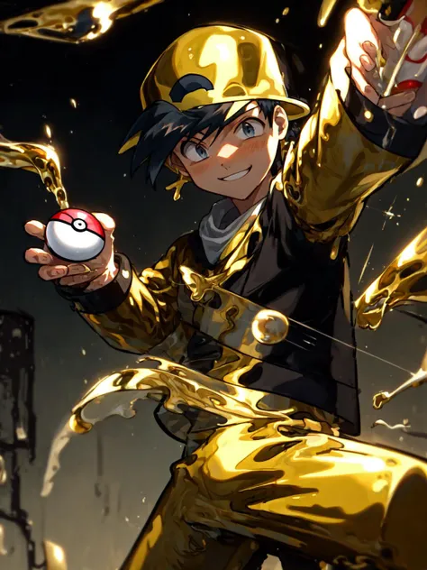 anime character holding a pokemon ball in his hand with a lot of gold