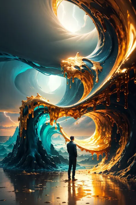 a man standing in front of a large wave with a light shining on it