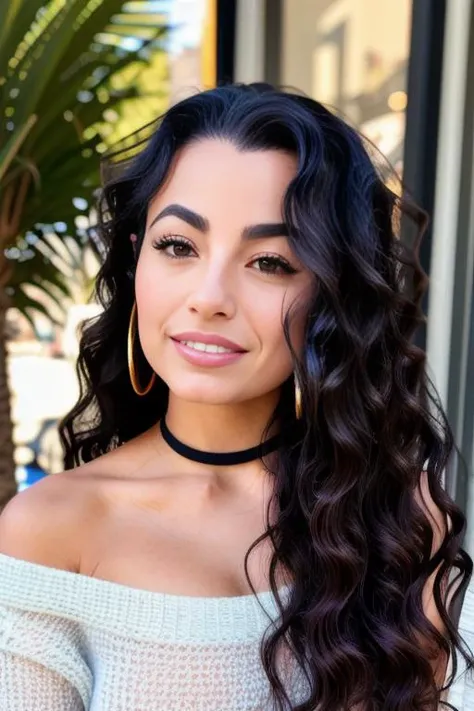 monicaalvarez piercing eyes, looking straight, very happy,long hair, wearing an off-shoulder sweater, choker, closeup portrait, in a outdoor cafe in 2015, afternoon light