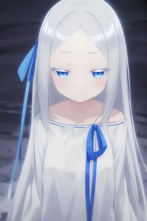 anime girl with long white hair and blue eyes in white dress