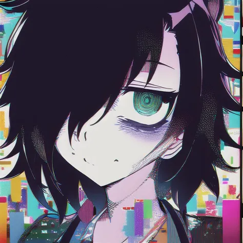 anime girl with green eyes and black hair in front of a colorful background