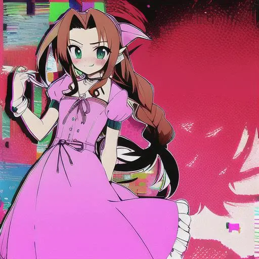 anime girl in a pink dress holding a cell phone