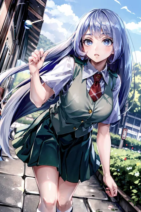 <lora:ryosiosV2:0.7> ryosios,  <lora:hadou_nejire:0.9>bbnejire, blue eyes, blue hair, long hair, large breasts, u.a. school uniform, (gray vest:1.2), red necktie, collared shirt, white shirt, short sleeves, green skirt, blue skirt, (black socks:1.2), loafe...