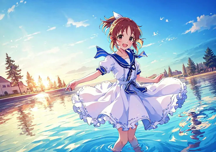 <lora:abe_v2:0.8>,abe nana,1girl,super fine illustration,masterpiece,best quality,standing on the water,knees_together_feet_apart,wind hair,dress white,skirt_hold,strong rim light,light reflection on the surface,many ripples,silhouette,:d,upper_body,