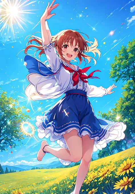 1girl,looking at viewer,super fine illustration,masterpiece,best quality,jump big,nature,in a meadow,laughing,blue sky,raise one hand,outstretched_arms,knees_together_feet_apart,leg_up,lens_flare,bokeh,<lora:abe_v2:0.8>,abe nana,