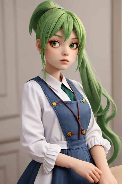 portrait photo of <lora:tenletters_v1:.9> tenletters, focus on face, wearing conservative clothing, her green tea color hair is styled as high ponytail hair,