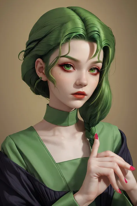 upper body photo of <lora:tenletters_v1:.9> tenletters, focus on face, wearing conservative clothing, her electric green color hair is styled as finger waves lob hair,