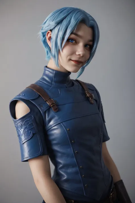 upper body photo of <lora:tenletters_v1:.9> tenletters, focus on smiling face, wearing leather armor , her Periwinkle Blue hair is styled as undercut hair,