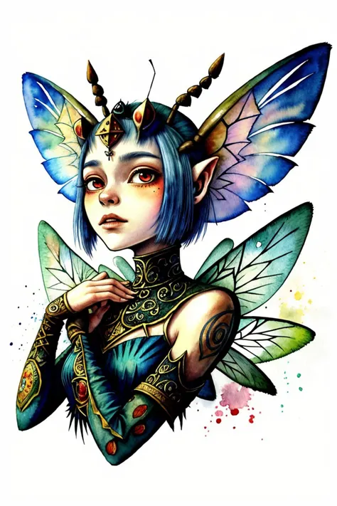 an extremely detailed, intricate watercolor painting of <lora:tenletters_v1:.9> tenletters with ant antenna on her head, she has multifaceted eyes, she has insect wings for ears