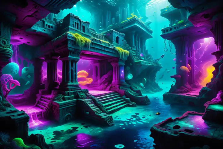 a digital painting of a fantasy underwater city with a waterfall