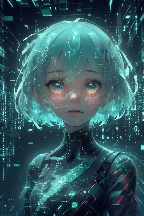 (masterpiece, best quality, ultra detailed, hyper realistic, photo), delicate pattern, detailed background, 
1girl, solo, expressionless, cute, 
cowboy shot, from front, turn ones face away, looking away,
binary code and digital art, binary code, digital a...