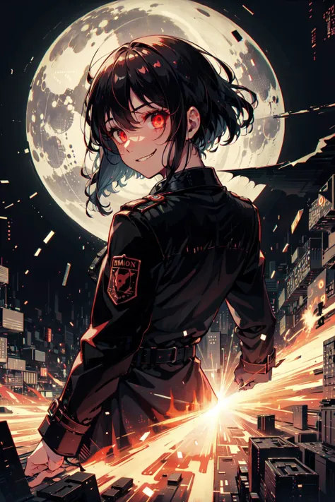 a woman in a black jacket standing in front of a full moon