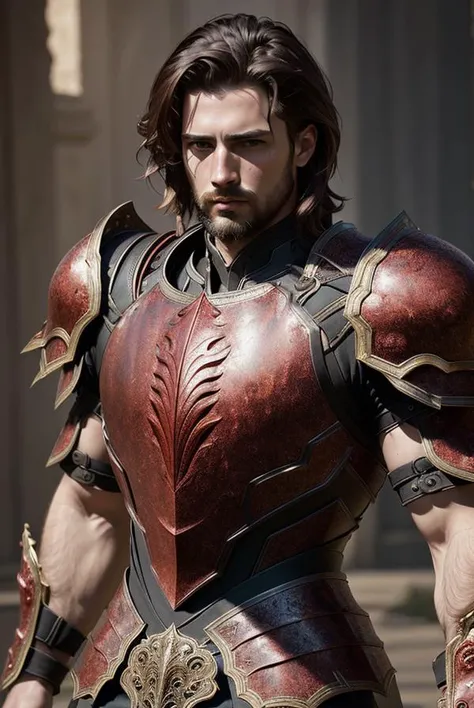 (masterpiece, best quality), intricate details, full torso, 3/4 view, low angle, male, ((human)), textured hair , dark red,  Flamereaver, dramatic lighting, perfect lighting, perfect shading, volumetric lighting, subsurface scattering, intricate, detailed,...