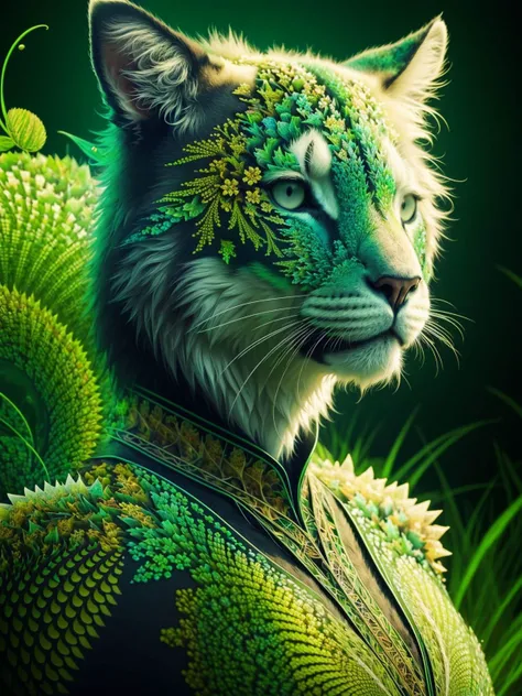 [woman | animal:10], (masterpiece, top quality, best quality, official art, beautiful and aesthetic:1.2), (fractal art:1.3), (bonding with nature), green colors theme, perfect shading, volumentric lighting, (goosebumps:0.6), wild life, dirty, nature