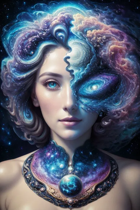 8k surreal, (surrealism art:1.3), woman merged with nature, celestial landscape, swirling galaxies, nebulae, cosmic energies, starry halo, infinite depths, perfect lighting, perfect shading, perfect shading, (masterpiece, award winning, sidelighting, (fine...