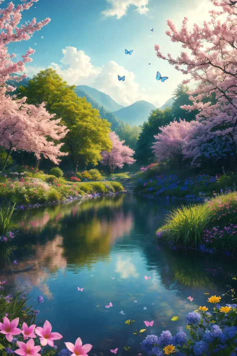 masterpiece, best quality, high quality, extremely detailed cg unity 8k wallpaper, an extremely colorful and purely fantasy environment with vibrant hues and a bright sky, landscape of bright green grass, colorful trees, glittering fruits, and bright blue ...