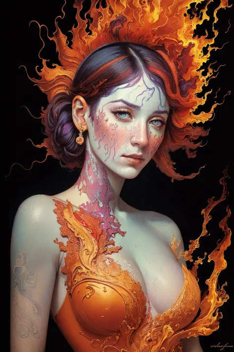 (masterpiece, best quality:1.4), (beautiful, perfect, delicate, detailed, intricate, aesthetic:1.2), (fauvism art:1.2), (style of Alberto Seveso:1.4), woman with flaming body and a fierce expression, (hateful expression:1), sparking fire red eyes, hell, no...