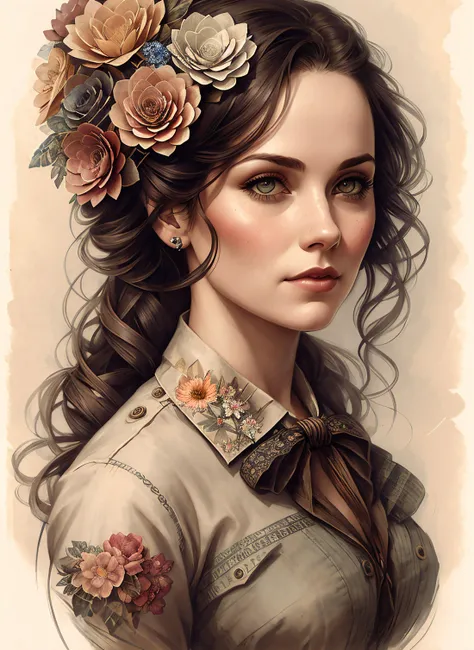 Charlie Bowater realistic Lithography sketch portrait of a woman, flowers, [gears], pipes, dieselpunk, multi-colored ribbons, old paper texture, highly detailed, photorealistic:1.5