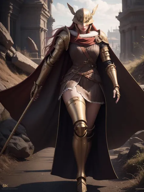 RAW photo, (high detailed skin:1.2), intricate details, best quality, 8k uhd, soft lighting, 1girl, Malenia, armor, cape, helmet, brown dress, prothestic leg, single mechanical arm, prosthesis <lora:Malenia:1>