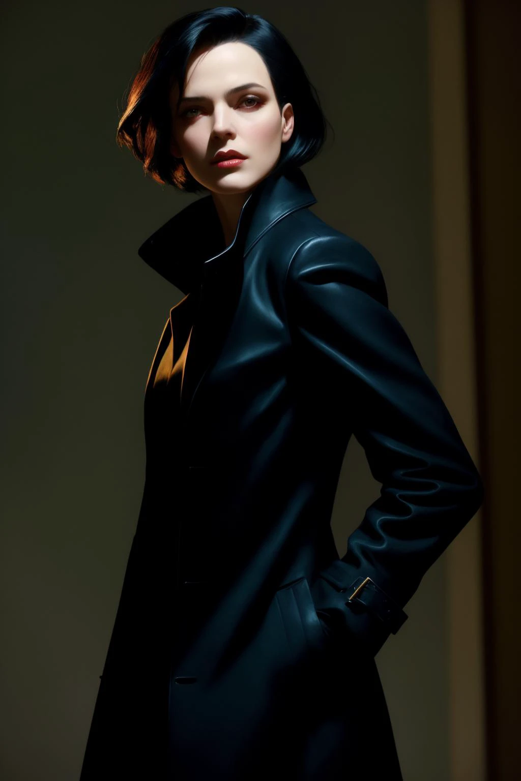 1 woman
leaning forward
coat
black hair
shadow
dramatic lighting
Malcolm Liepke
matrix