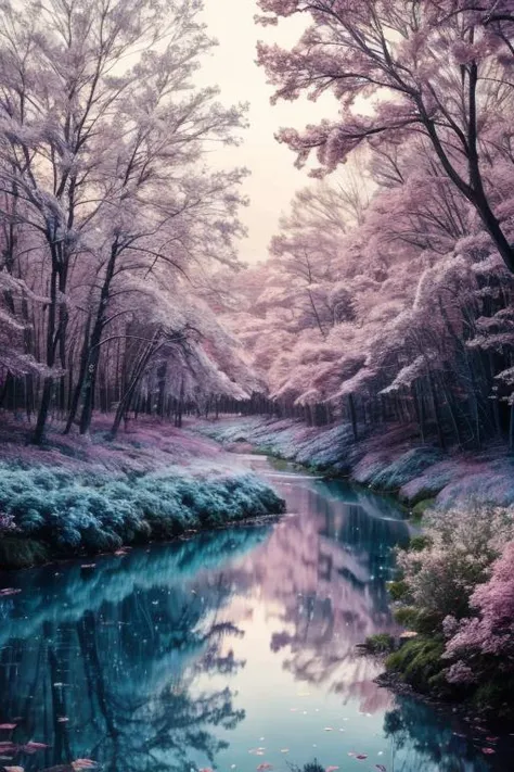 a profestional picutre of  12) The Sugarberry Forest - A vast forest filled with colorful sugarberries that shimmer in the sunlight, their trees coated in pink and blue sugar leaves that shimmer in the sunlight. The air is filled with the sweet scent of co...