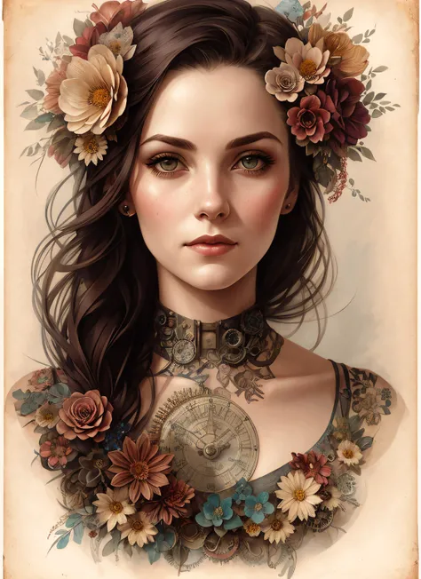 Charlie Bowater realistic Lithography sketch portrait of a woman, flowers, [gears], pipes, dieselpunk, multi-colored ribbons, old paper texture, highly detailed, photorealistic:1.35