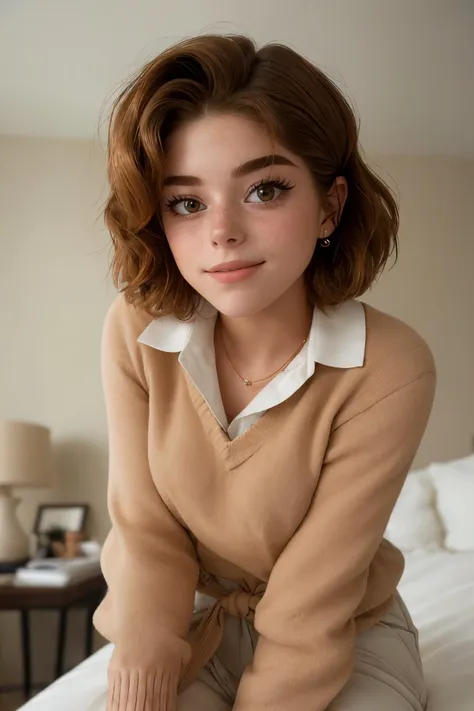 a close up of a woman sitting on a bed wearing a sweater