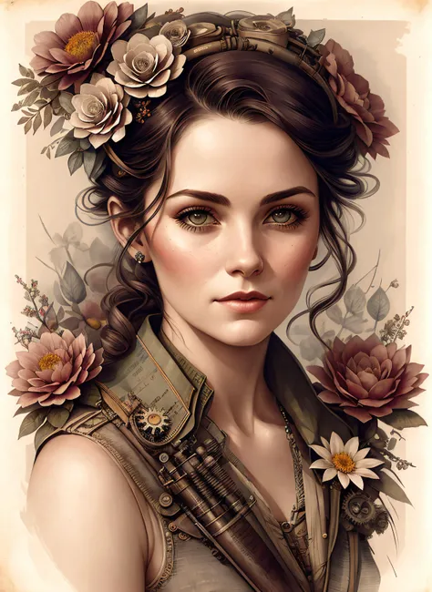 Charlie Bowater realistic Lithography sketch portrait of a woman, flowers, [gears], pipes, dieselpunk, multi-colored ribbons, old paper texture, highly detailed, photorealistic:1.5