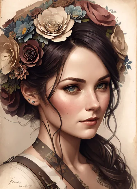 Charlie Bowater realistic Lithography sketch portrait of a woman, flowers, [gears], pipes, dieselpunk, multi-colored ribbons, old paper texture, highly detailed, photorealistic:1.35