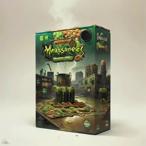 masterpiece, toxicpunkai,  a cereal box, breakfast, text, logo, commercial, advertisement, green slime, grunge style, best quality,  <lora:ToxicPunkAI:0.8>